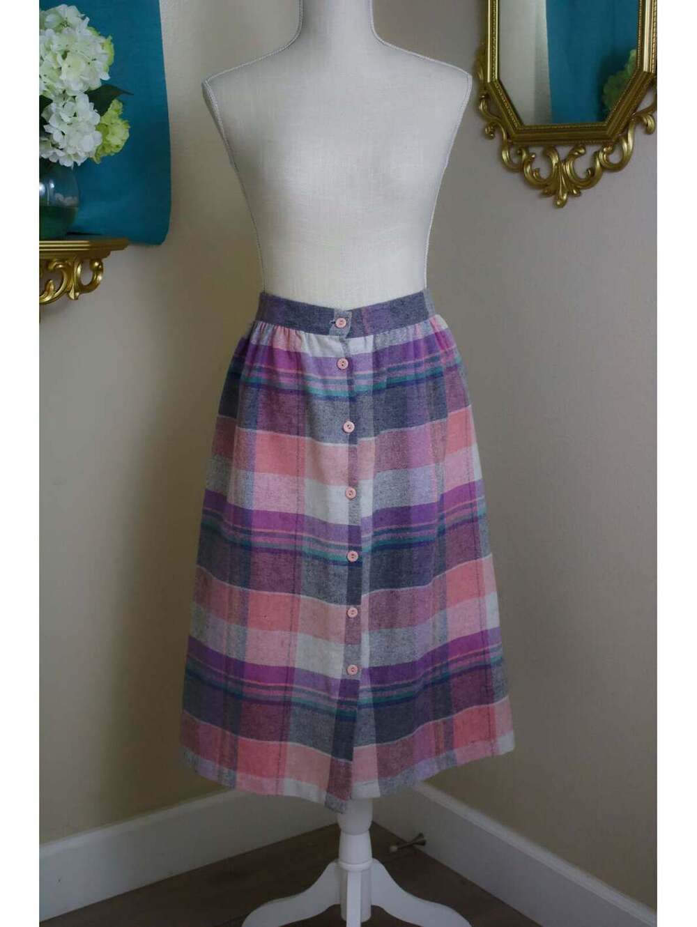1980s Kayo Wool Blend Mid Length with Pink Buttons in Blue and White Flannel